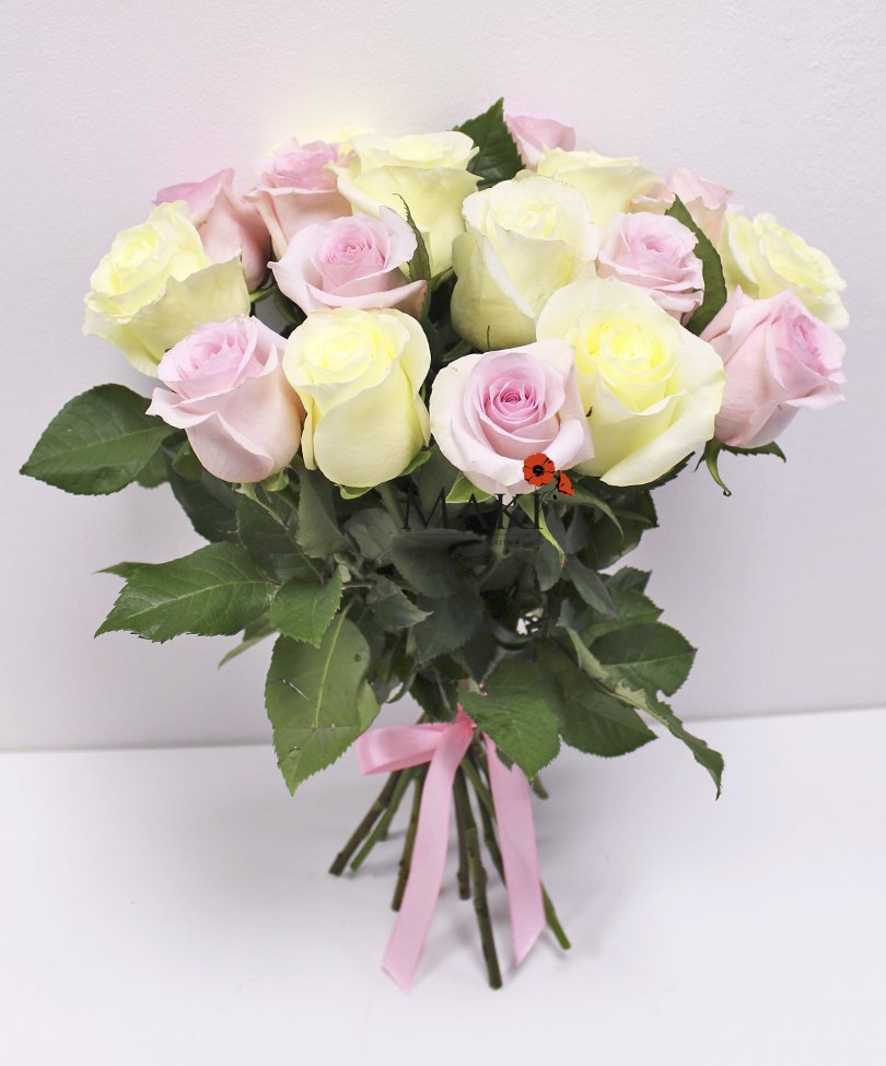 15 бело-розовых роз